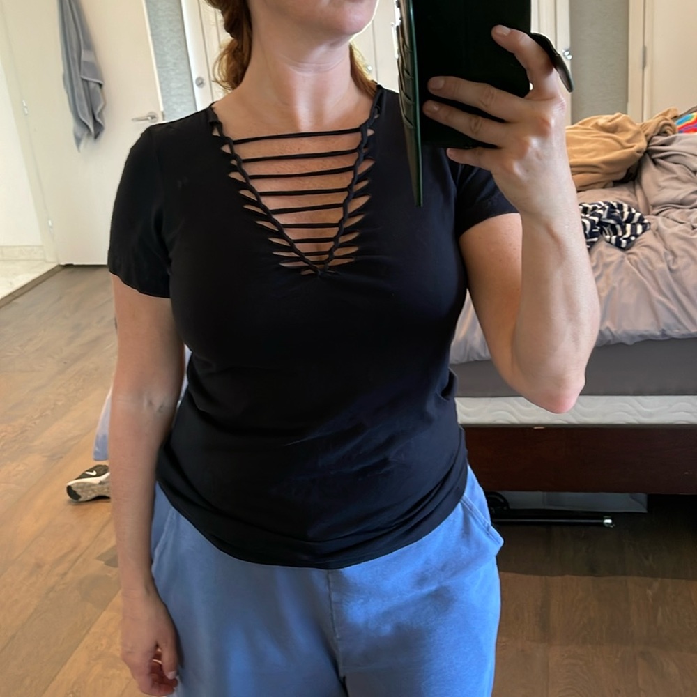 PEPIN edgy black tee with cutouts shredded xs punk goth rave artsy boho festival